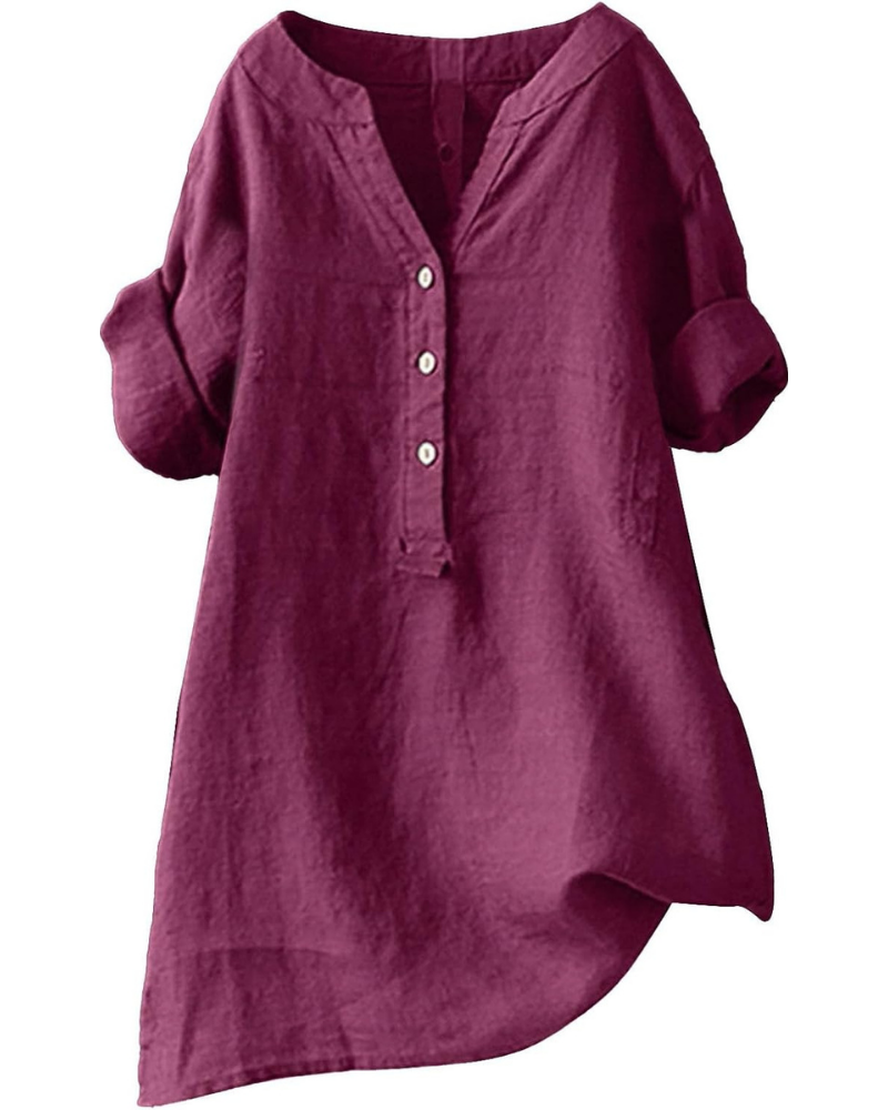 Blouse Beatrix pour femme – Tunique en coton et lin avec col en V et manches 3/4
