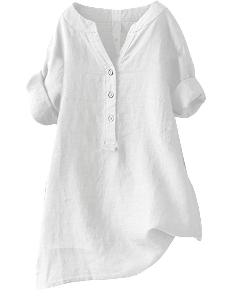 Blouse Beatrix pour femme – Tunique en coton et lin avec col en V et manches 3/4