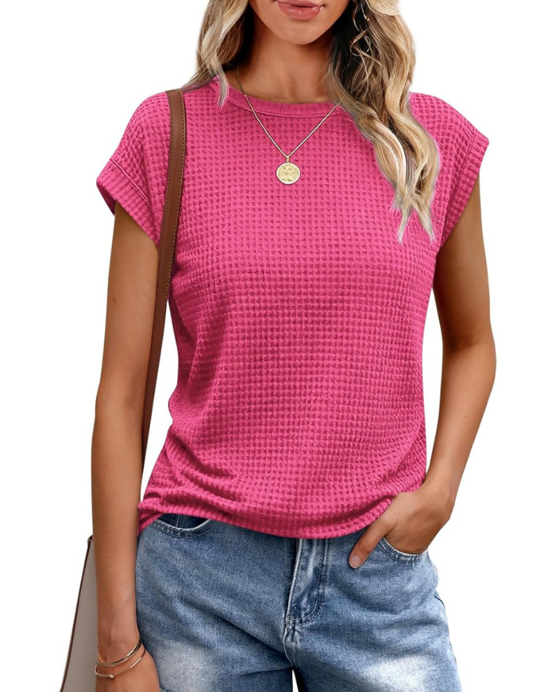 T-shirt Ophelia Femme – Haut en maille gaufrée avec col rond et manches à volant