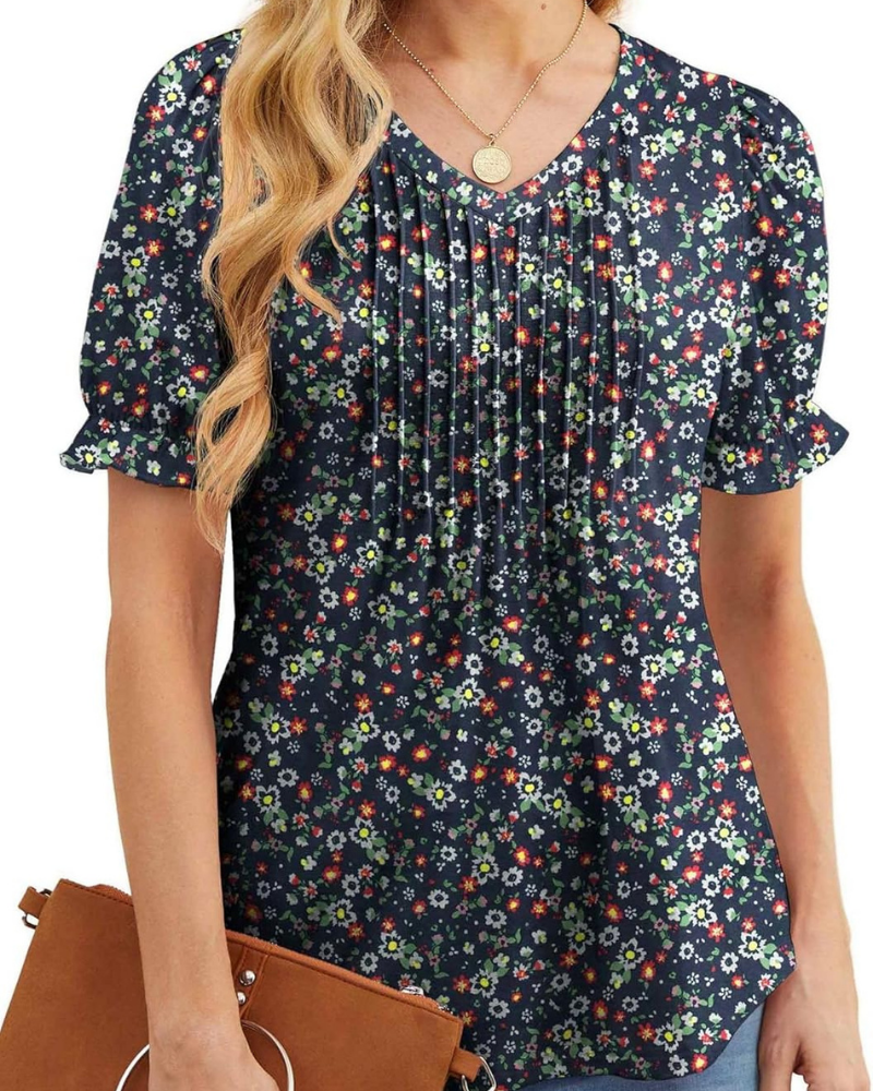 Verity Blouse Femme – Top Floral avec Col en V, Plis et Manches Volantées