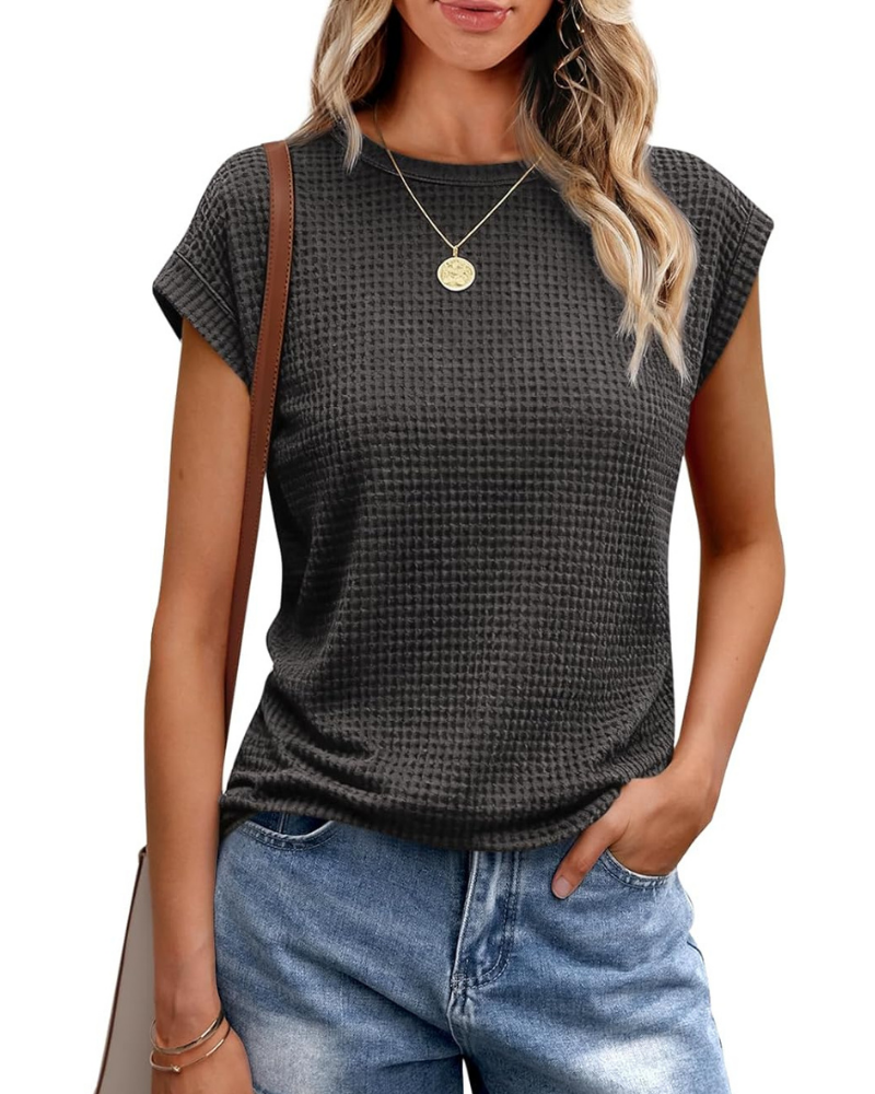 T-shirt Ophelia Femme – Haut en maille gaufrée avec col rond et manches à volant
