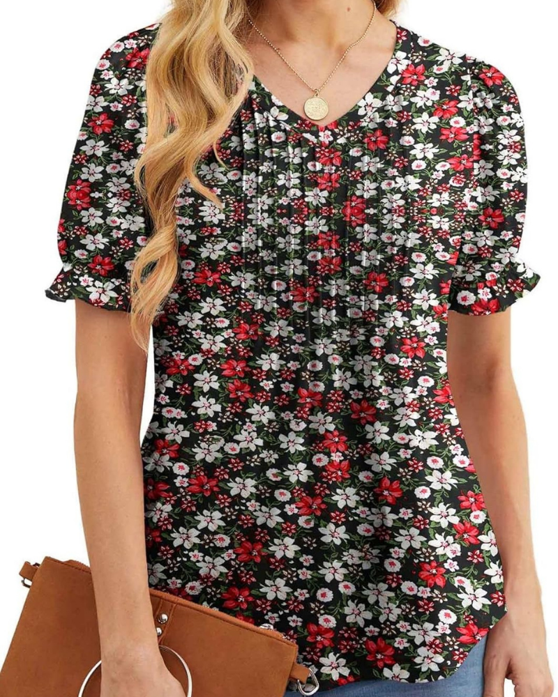 Verity Blouse Femme – Top Floral avec Col en V, Plis et Manches Volantées