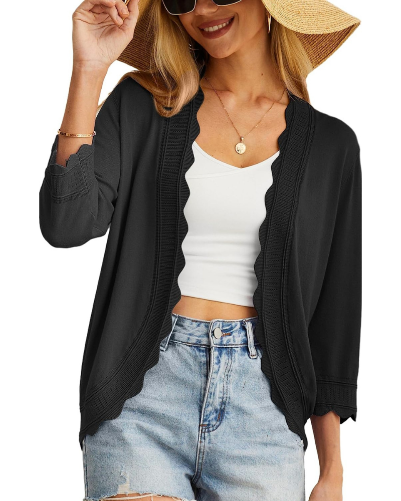Cardigan Cordelia pour femme – Boléro court avec volants et manches 3/4