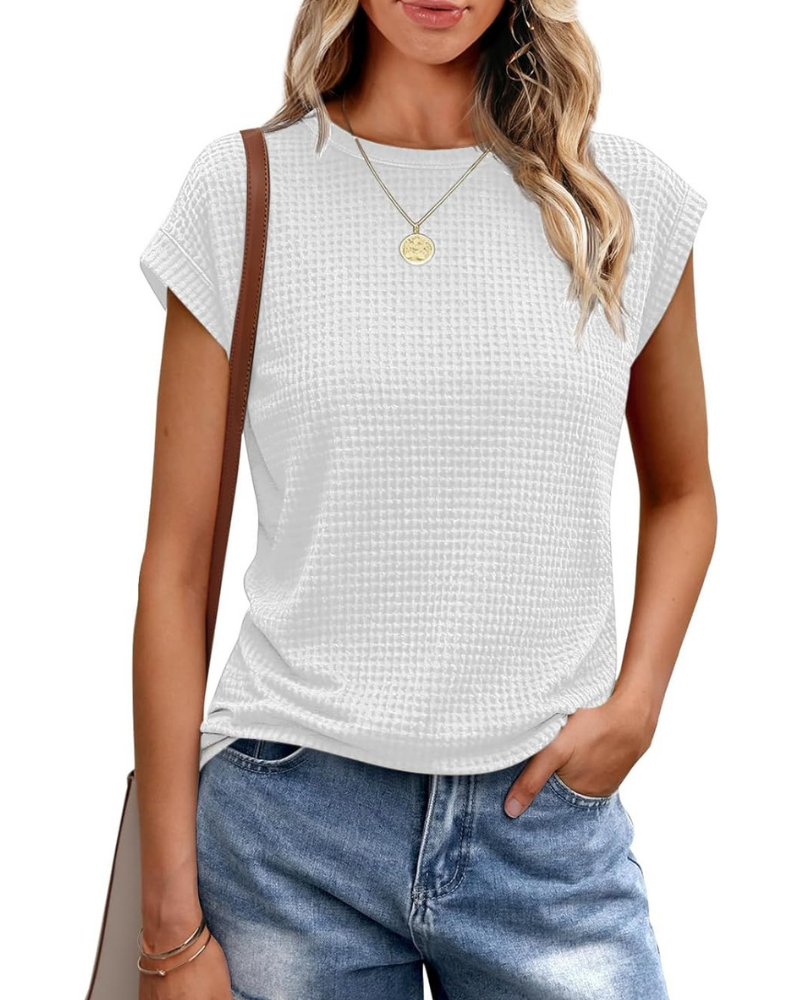 T-shirt Ophelia Femme – Haut en maille gaufrée avec col rond et manches à volant