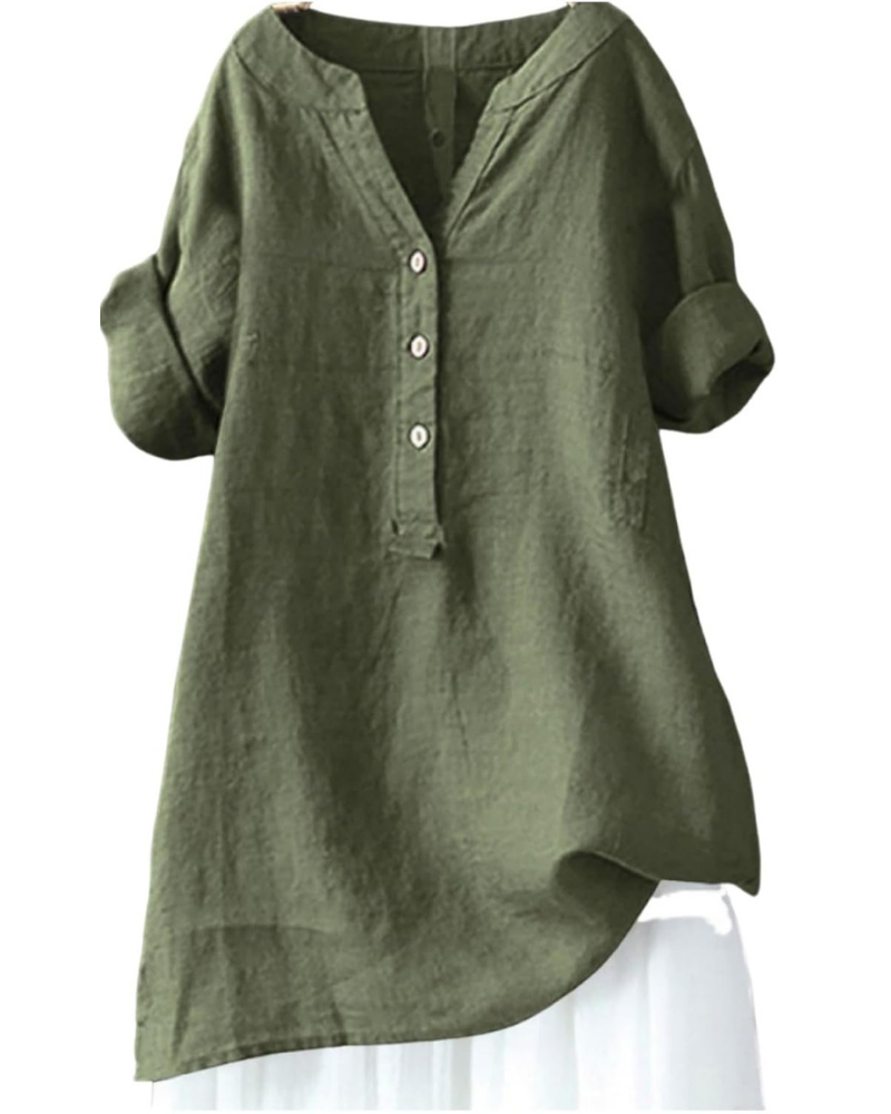 Blouse Beatrix pour femme – Tunique en coton et lin avec col en V et manches 3/4