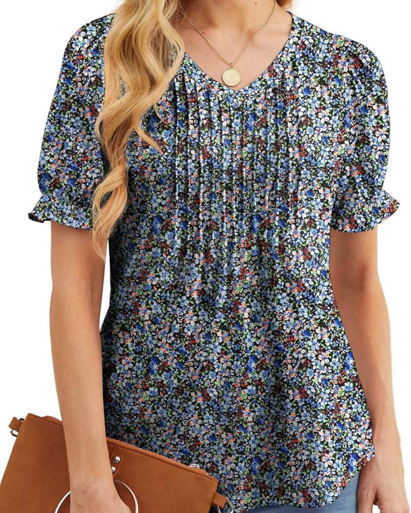Verity Blouse Femme – Top Floral avec Col en V, Plis et Manches Volantées