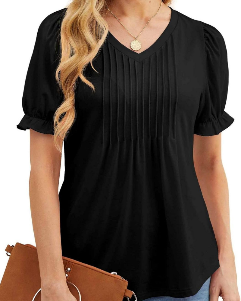 Verity Blouse Femme – Top Floral avec Col en V, Plis et Manches Volantées
