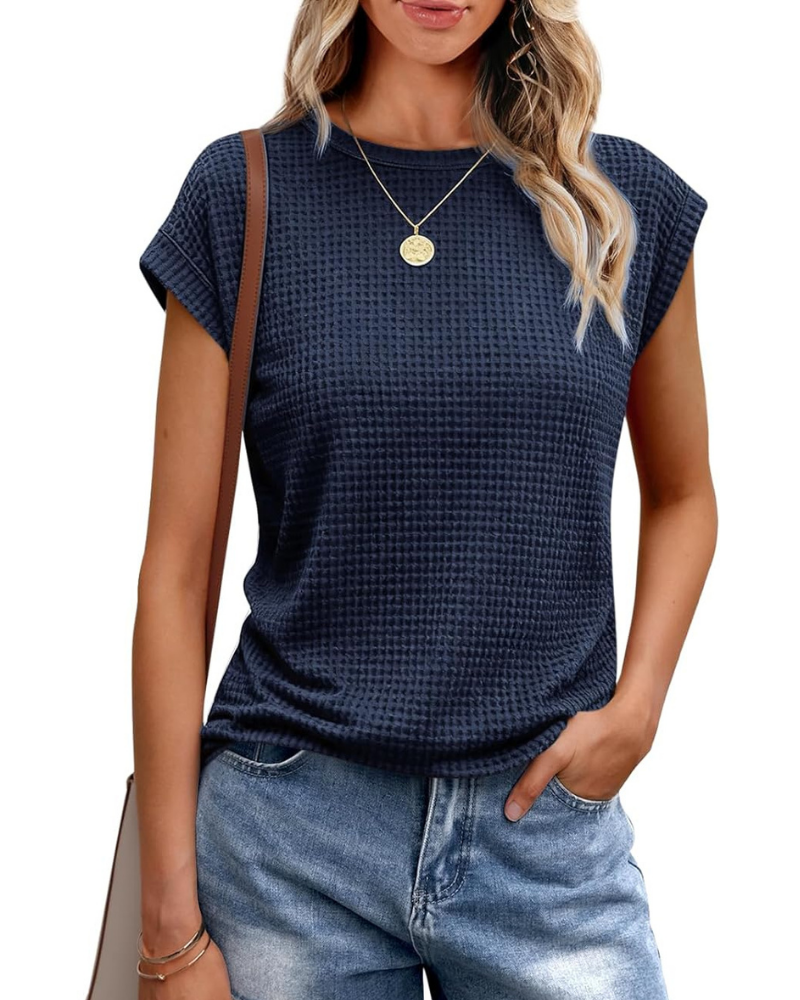 T-shirt Ophelia Femme – Haut en maille gaufrée avec col rond et manches à volant