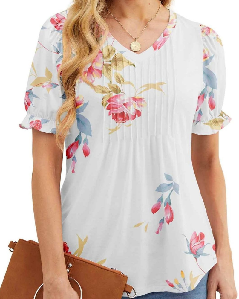 Verity Blouse Femme – Top Floral avec Col en V, Plis et Manches Volantées