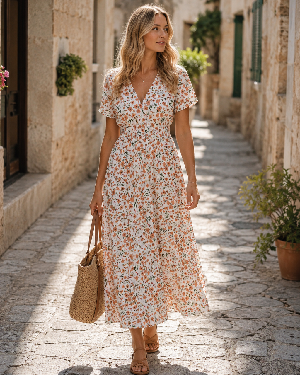 Diana Abito Midi Donna – Vestito Floreale in Chiffon con Scollo a V e Maniche Corte