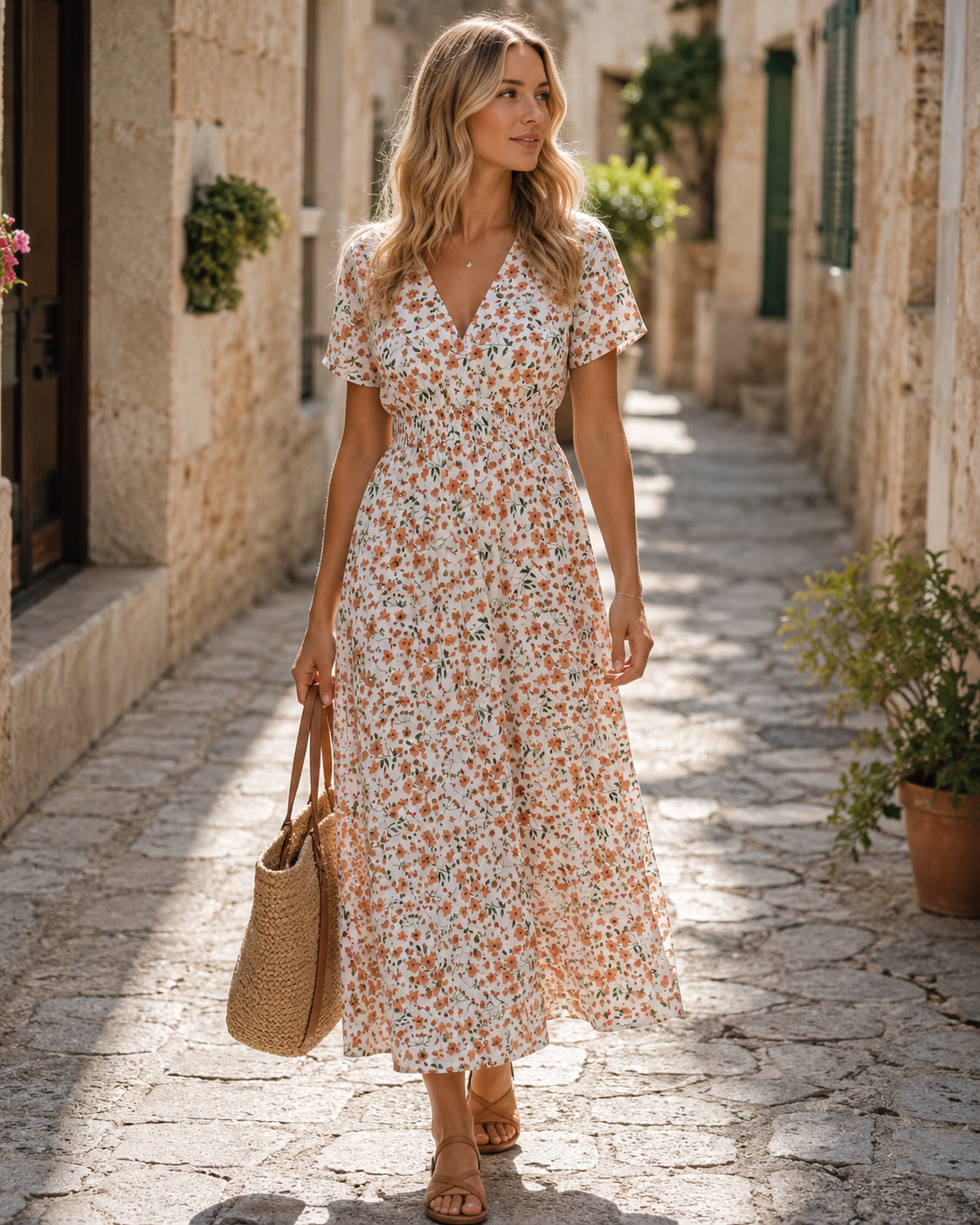 Diana Abito Midi Donna – Vestito Floreale in Chiffon con Scollo a V e Maniche Corte