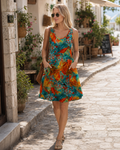 Rochie mini de damă Lindsay Abito – decolteu în V, fără mâneci, imprimeu estival și buzunare laterale