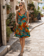 Rochie mini de damă Lindsay Abito – decolteu în V, fără mâneci, imprimeu estival și buzunare laterale