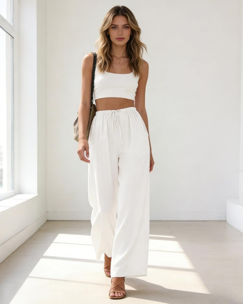 Pantalones Palazzo Adelaide para mujer – Algodón y lino, cintura alta, cordón y bolsillos