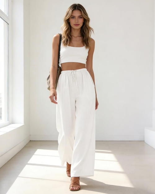 Adelaide Pantaloni Palazzo Donna – Cotone e Lino, Vita Alta, Coulisse e Tasche
