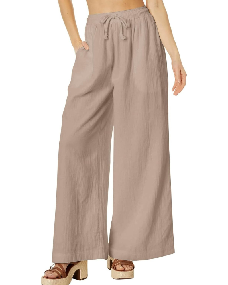 Rosalind Pantaloni Palazzo Donna – Cotone e Lino, Vita Alta con Coulisse e Tasche