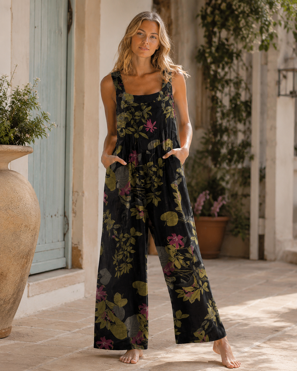 Amelia Salopette Donna – Jumpsuit Boho in Cotone Lino, Vestibilità Ampia e Stampa Floreale