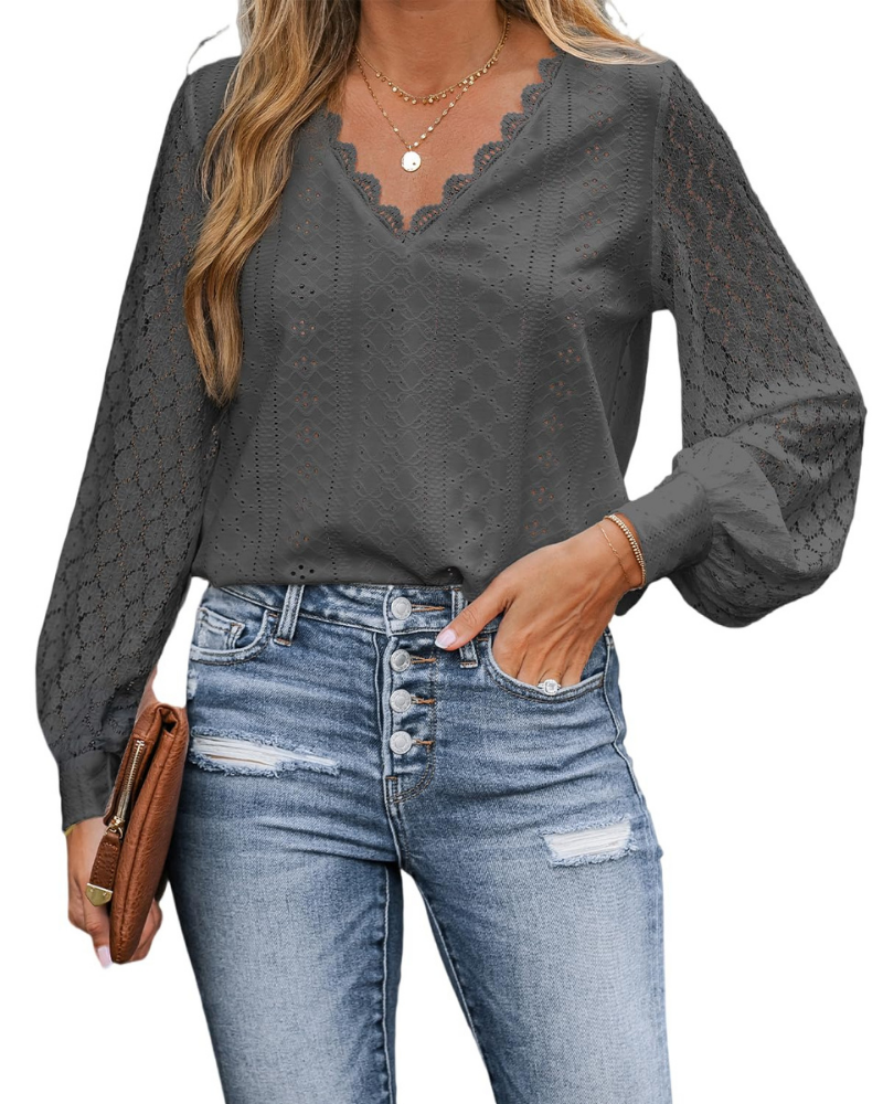 Victoria Blusa Donna – Top in Pizzo con Scollo a V, Maniche Lunghe & Dettagli Cut-Out