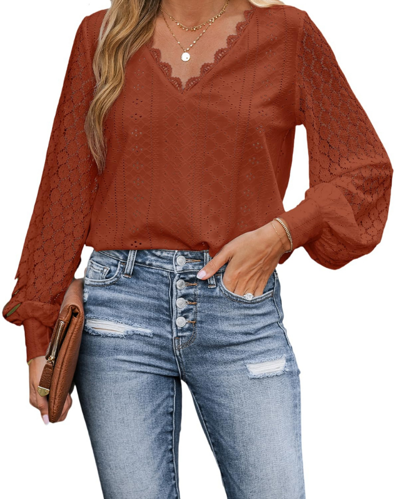 Victoria Blusa Donna – Top in Pizzo con Scollo a V, Maniche Lunghe & Dettagli Cut-Out