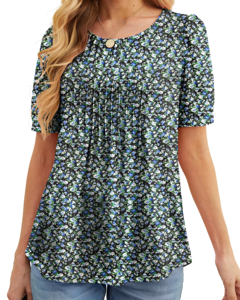 Lydia Blouse Femme – Tunique Florale avec Col Rond, Manches Courtes et Plis Frontaux