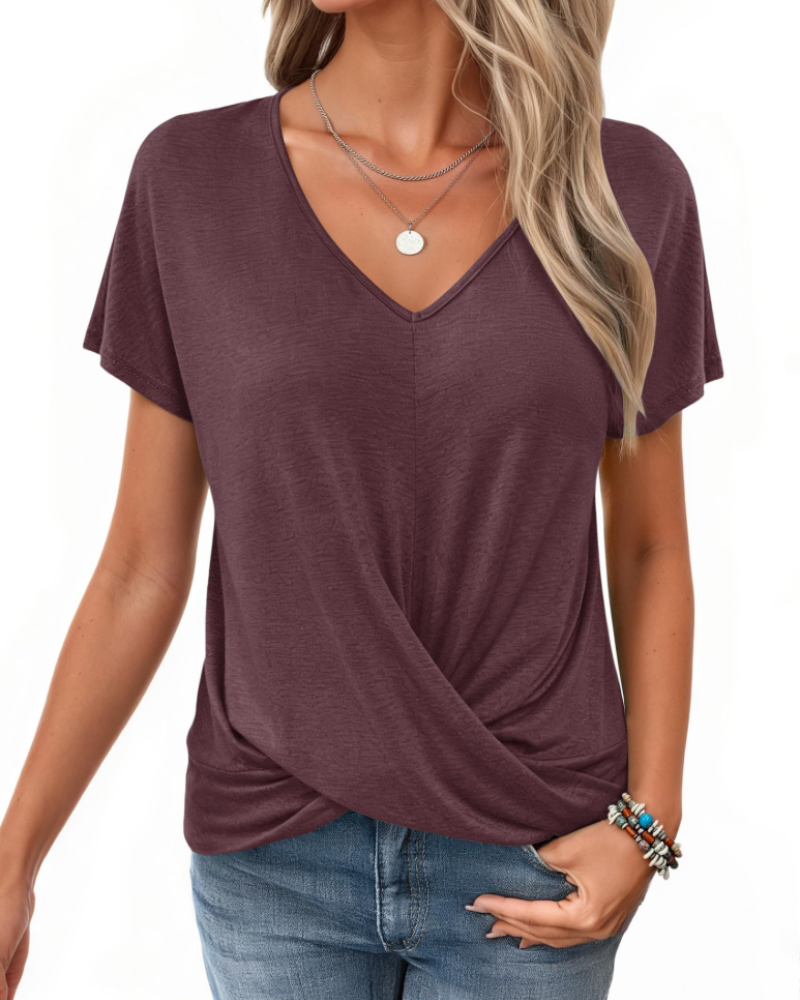 Hailey Blouse Femme – Top avec Col en V, Nœud Frontal et Manches Chauve-Souris