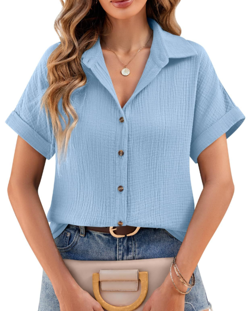 Blouse Evelyn pour femme – Chemise en mousseline de coton avec col en V et boutons