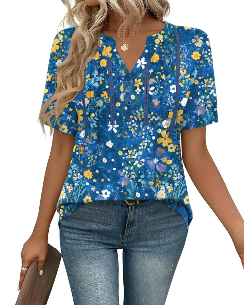 Clara Blouse Femme – Tunique avec Col en V, Plis, Dentelle et Manches Courtes