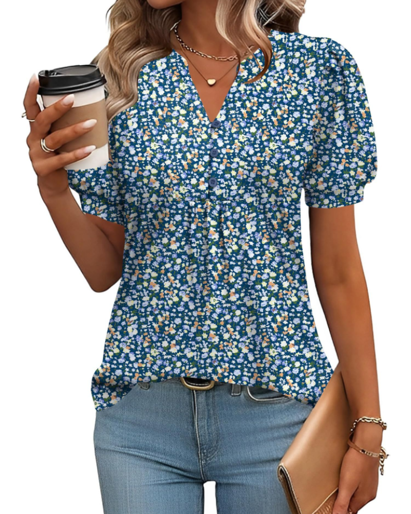 Blouse Sophie pour femme – Tunique florale avec col en V, manches bouffantes et boutons