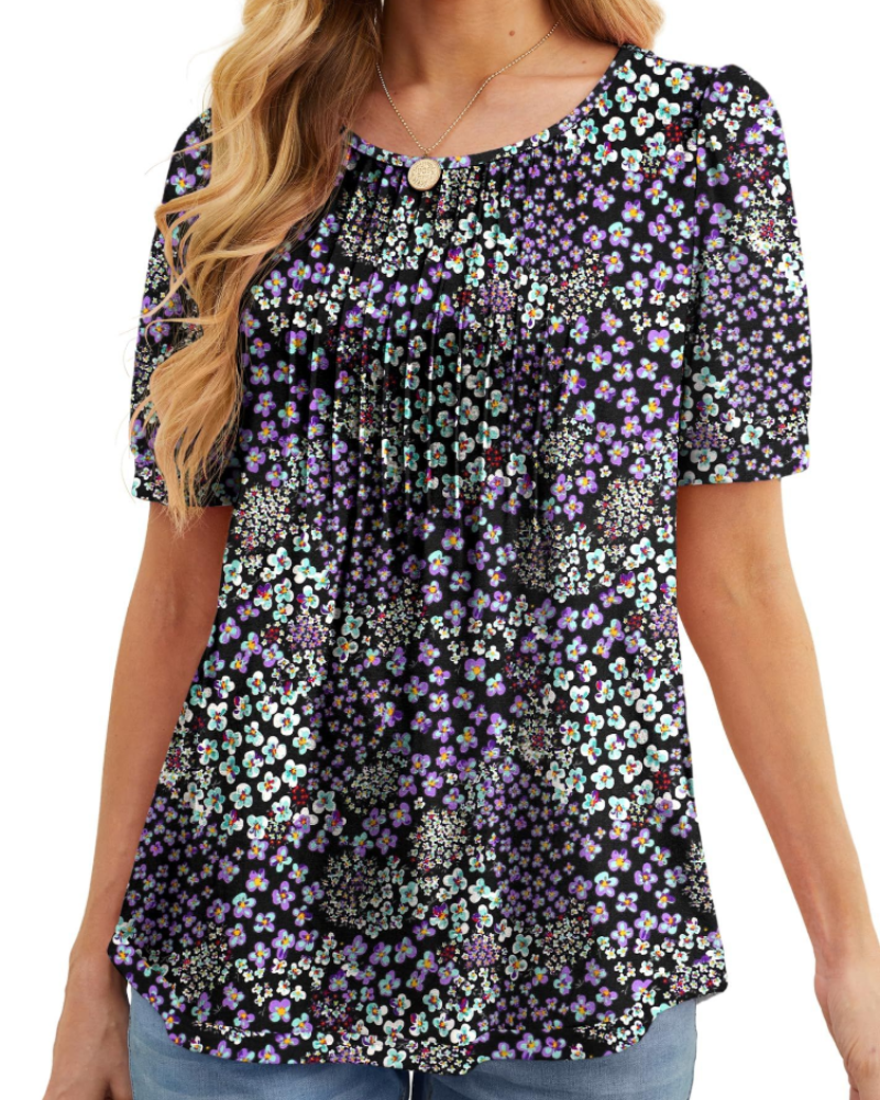 Lydia Blouse Femme – Tunique Florale avec Col Rond, Manches Courtes et Plis Frontaux