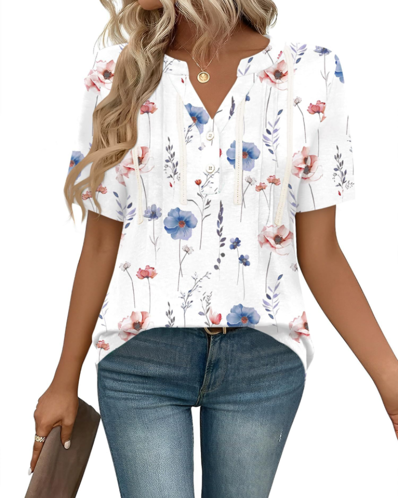 Clara Blouse Femme – Tunique avec Col en V, Plis, Dentelle et Manches Courtes
