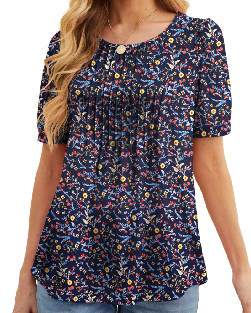 Lydia Blouse Femme – Tunique Florale avec Col Rond, Manches Courtes et Plis Frontaux