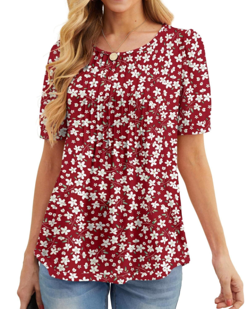 Lydia Blouse Femme – Tunique Florale avec Col Rond, Manches Courtes et Plis Frontaux