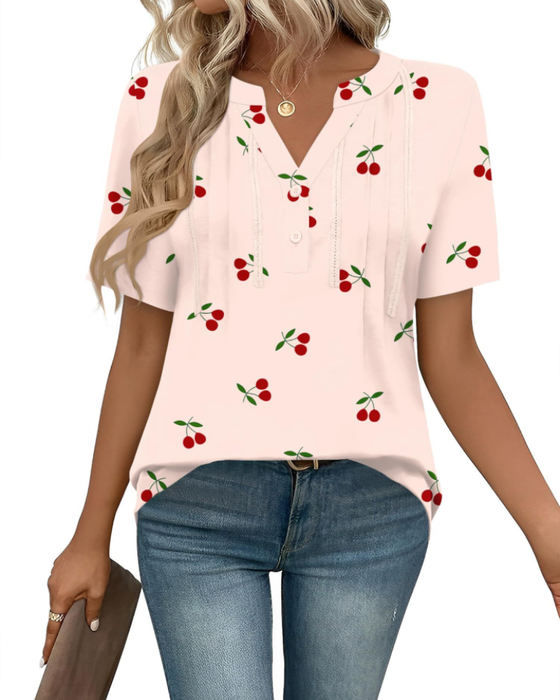 Clara Blouse Femme – Tunique avec Col en V, Plis, Dentelle et Manches Courtes