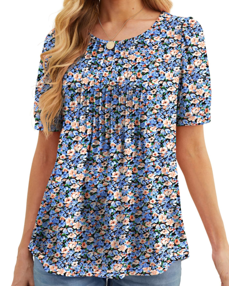 Lydia Blouse Femme – Tunique Florale avec Col Rond, Manches Courtes et Plis Frontaux