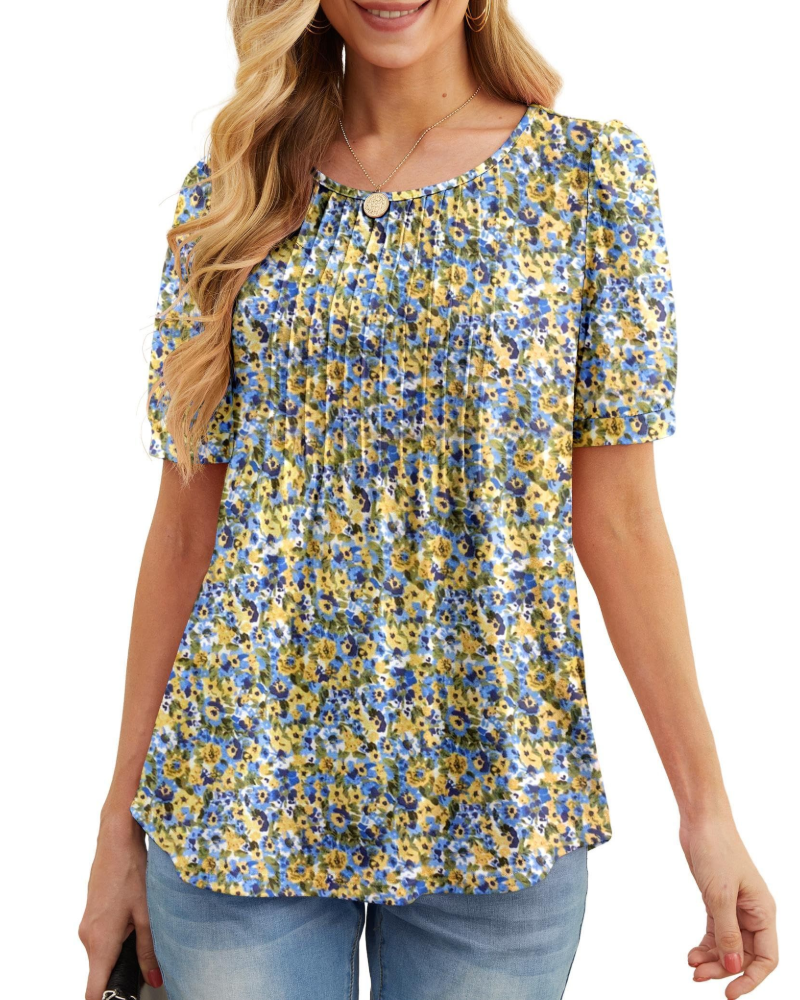 Lydia Blouse Femme – Tunique Florale avec Col Rond, Manches Courtes et Plis Frontaux