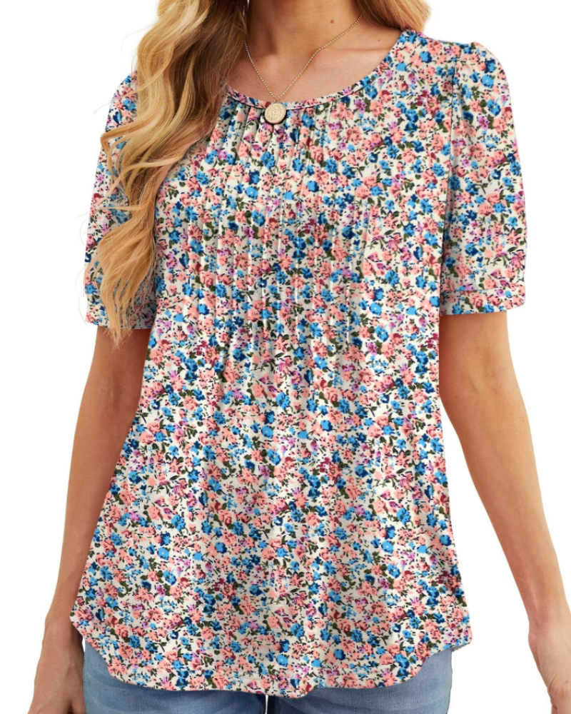 Lydia Blouse Femme – Tunique Florale avec Col Rond, Manches Courtes et Plis Frontaux