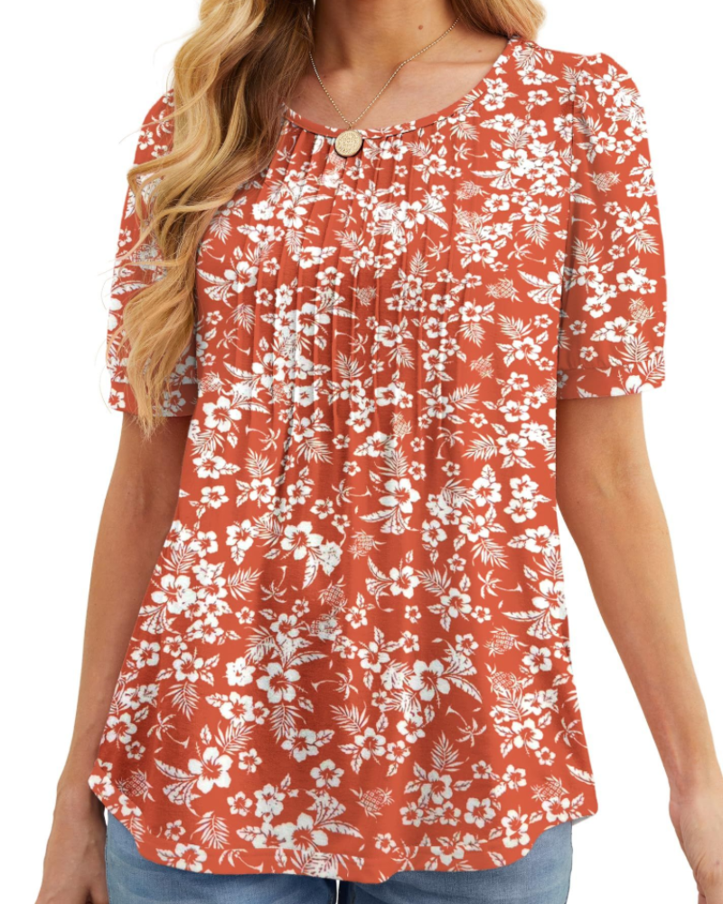 Lydia Blouse Femme – Tunique Florale avec Col Rond, Manches Courtes et Plis Frontaux