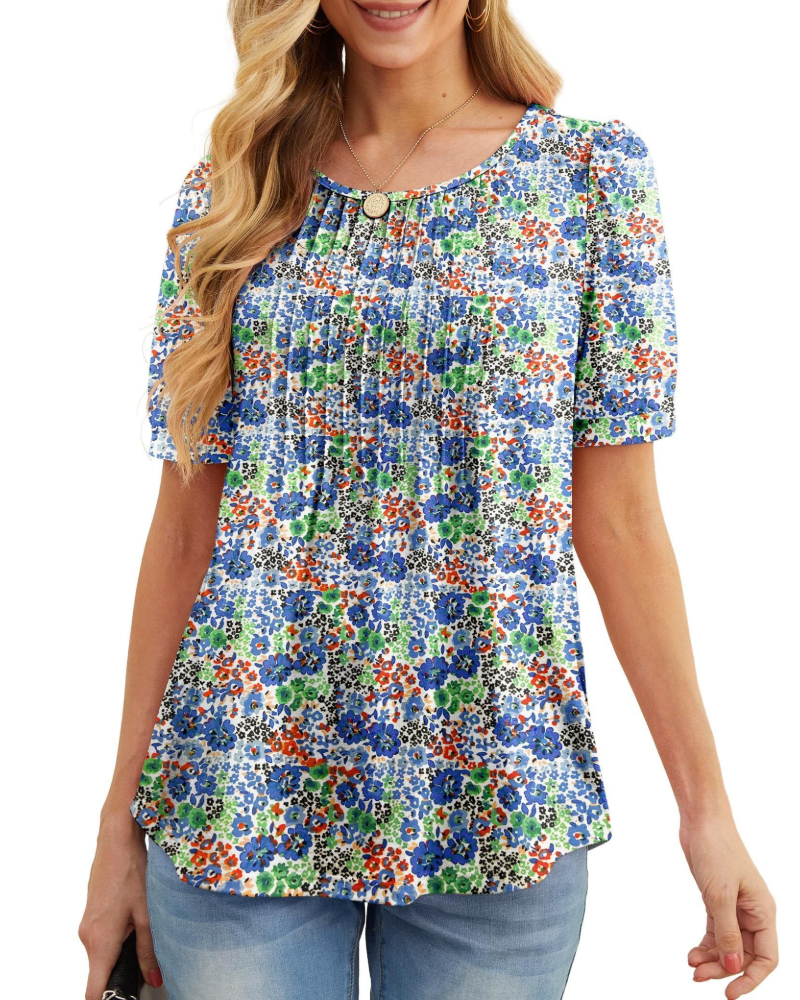 Lydia Blouse Femme – Tunique Florale avec Col Rond, Manches Courtes et Plis Frontaux