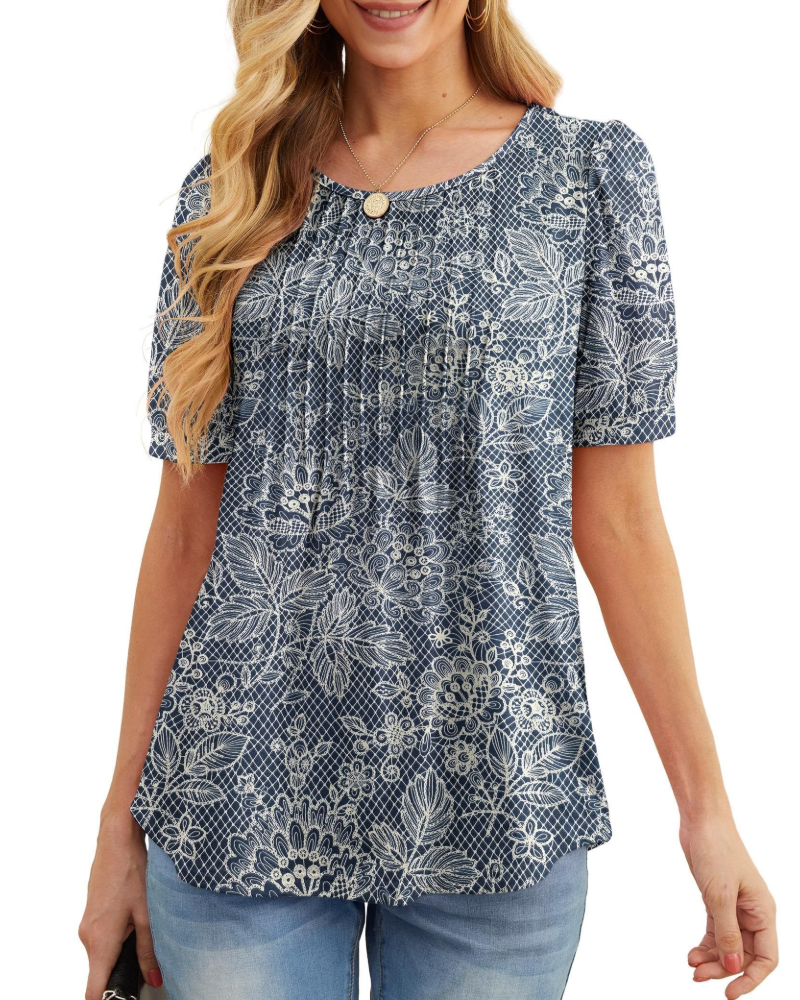 Lydia Blouse Femme – Tunique Florale avec Col Rond, Manches Courtes et Plis Frontaux