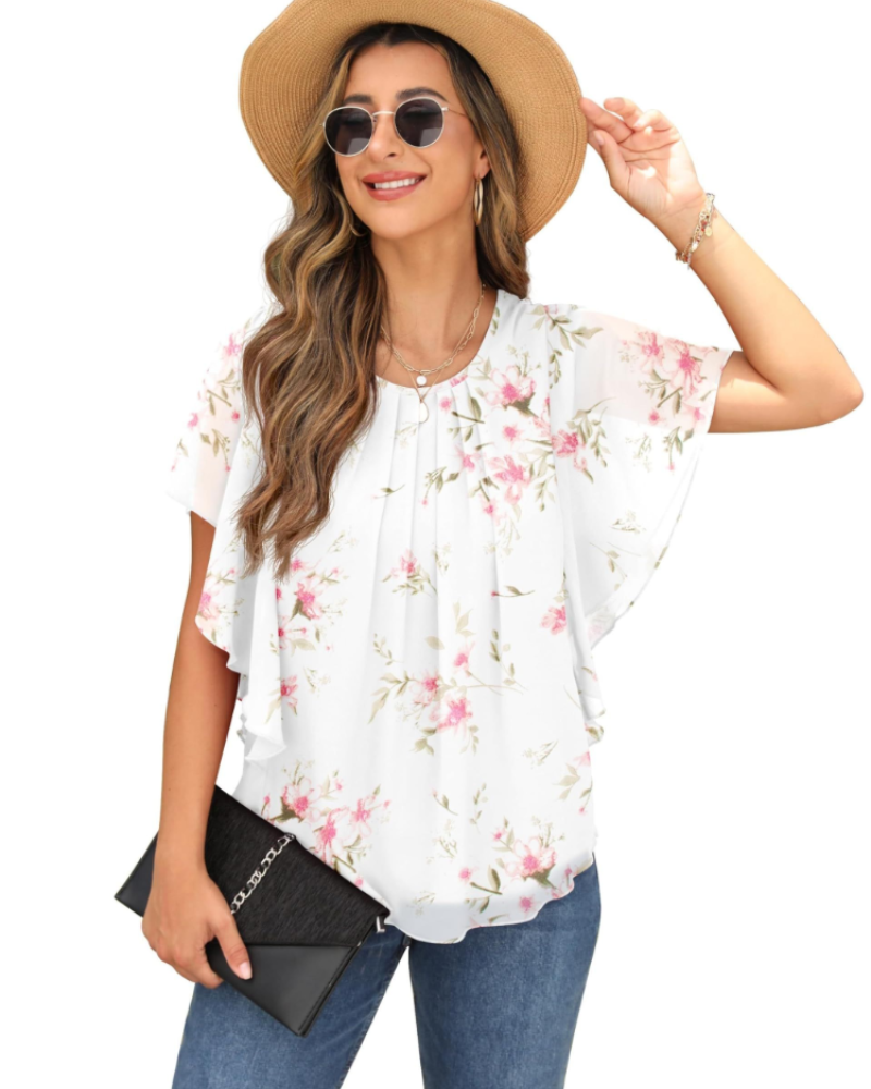 Megan Blusa Donna – Top in Chiffon con Girocollo e Maniche Corte a Pipistrello