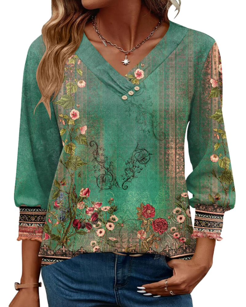 Brooke Blusa Donna – Tunica Floreale con Scollo a V, Maniche 3/4 e Bottoni Decorativi
