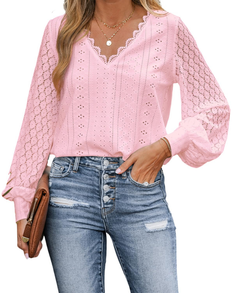 Victoria Blusa Donna – Top in Pizzo con Scollo a V, Maniche Lunghe & Dettagli Cut-Out