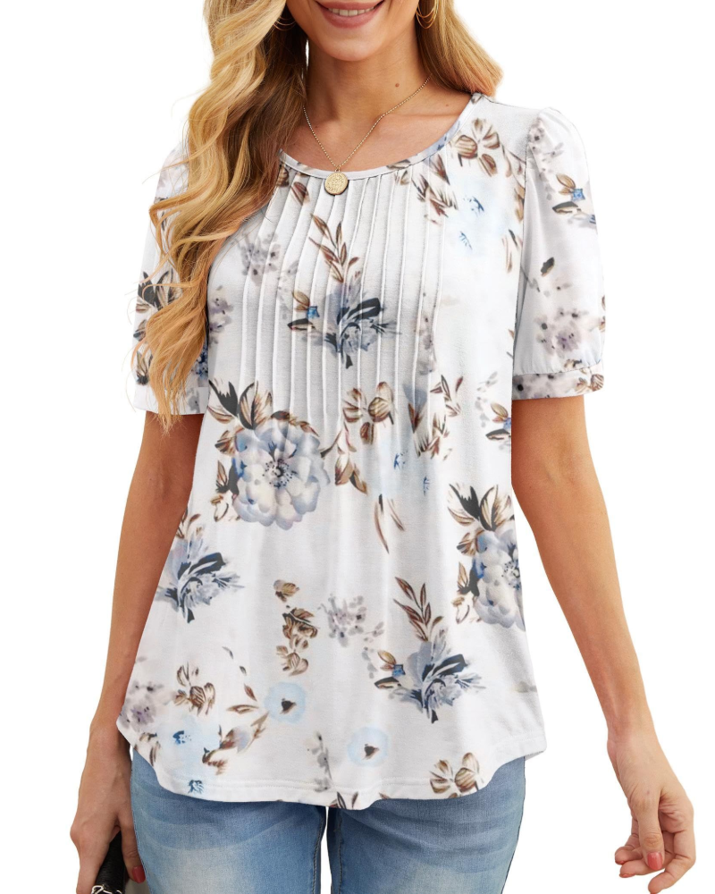 Lydia Blouse Femme – Tunique Florale avec Col Rond, Manches Courtes et Plis Frontaux