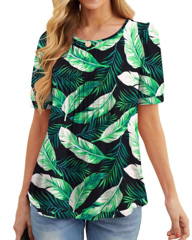 Lydia Blouse Femme – Tunique Florale avec Col Rond, Manches Courtes et Plis Frontaux
