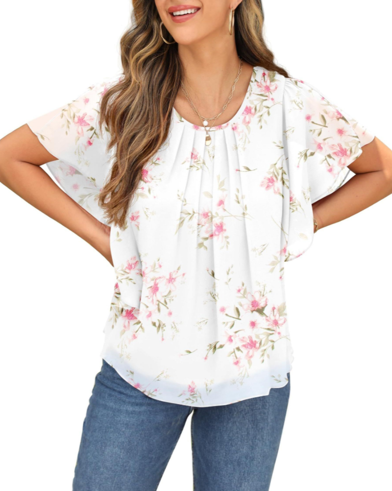 Megan Blusa Donna – Top in Chiffon con Girocollo e Maniche Corte a Pipistrello