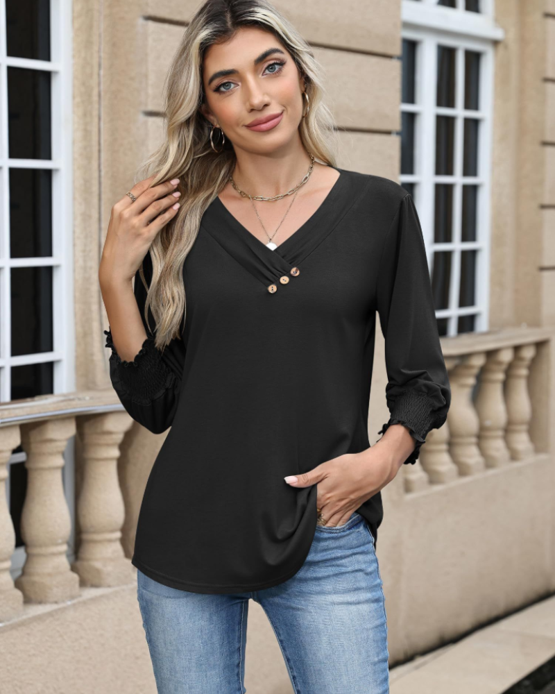 Daphne Blusa Donna – Tunica con Scollo a V, Maniche 3/4 e Bottoni Decorativi