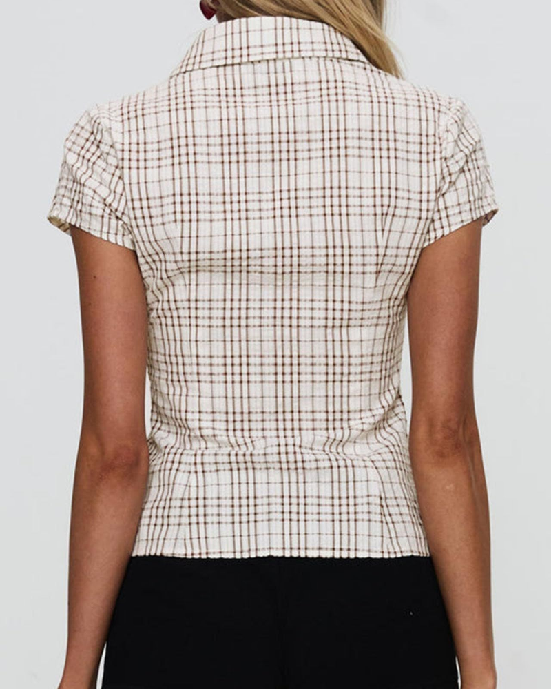 Maisie Camicia Donna – Blusa a Quadri Slim con Colletto, Bottoni e Maniche Corte