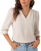 Madeline Damenbluse – Chiffonhemd mit V-Ausschnitt und 3/4 Puffärmeln