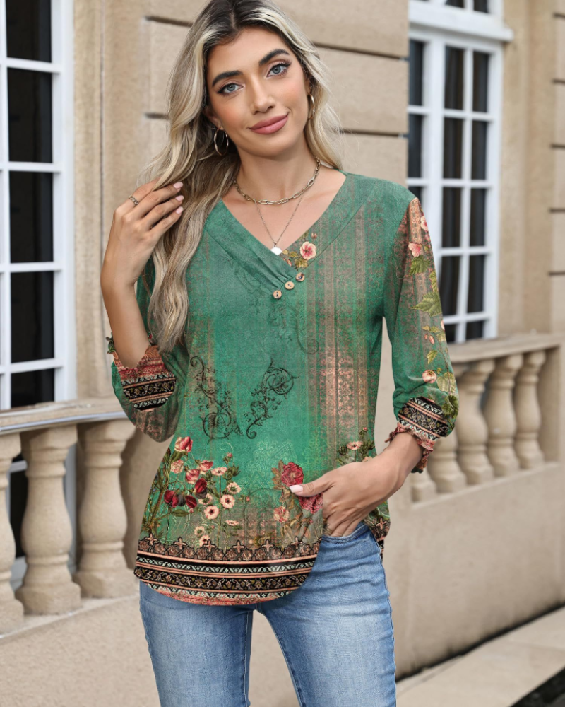 Brooke Blusa Donna – Tunica Floreale con Scollo a V, Maniche 3/4 e Bottoni Decorativi