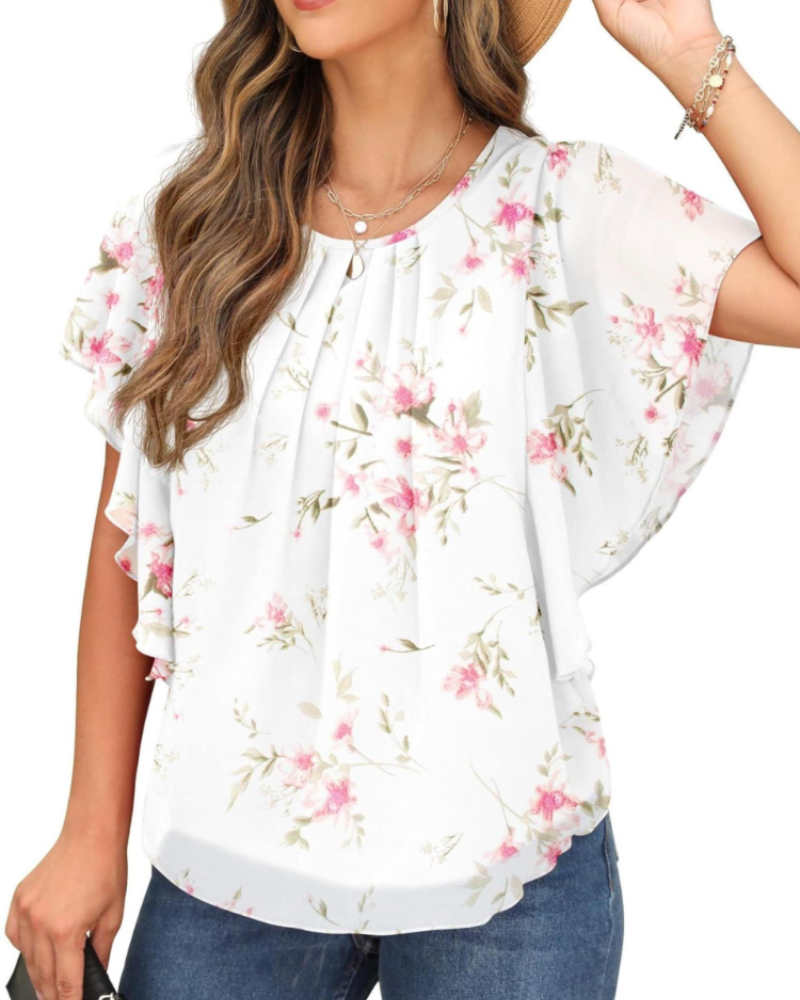 Megan Blusa Donna – Top in Chiffon con Girocollo e Maniche Corte a Pipistrello